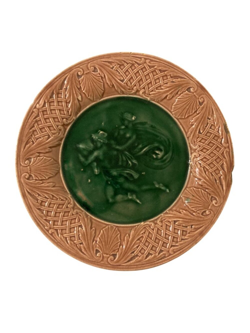 Antique Green And Brown Majolica Plate With Embossed Neoclassical Design